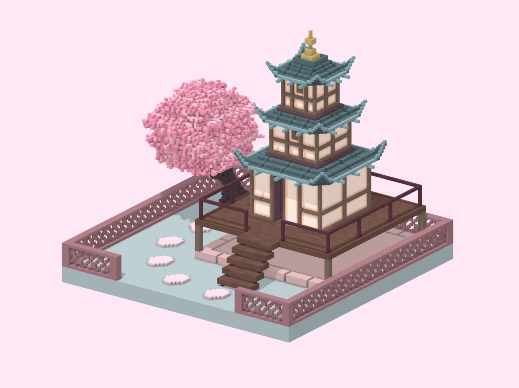 A 3D voxel art Pagoda made out of voxels using a the Mega Voxels editor