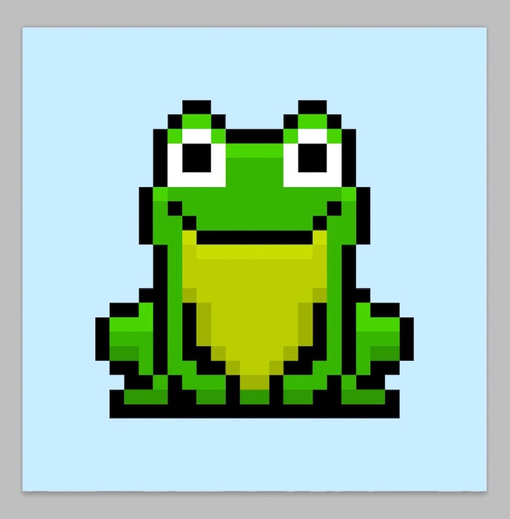 Cute pixel art frog on Blue Background