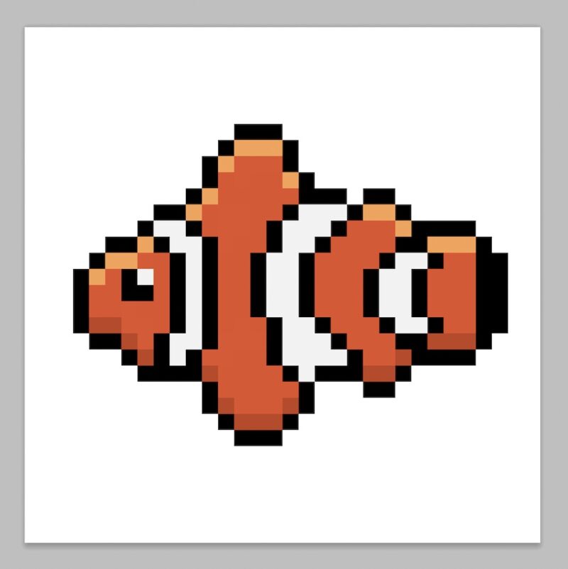 A view of a kawaii pixel art fish on a transparent background