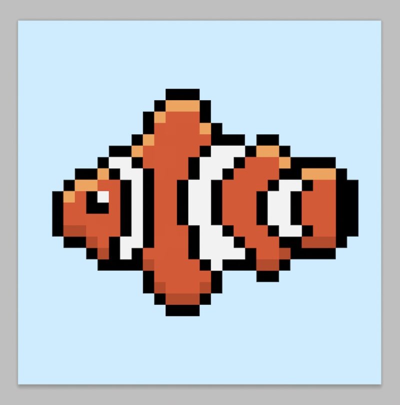 A simple pixel art fish on a light blue background