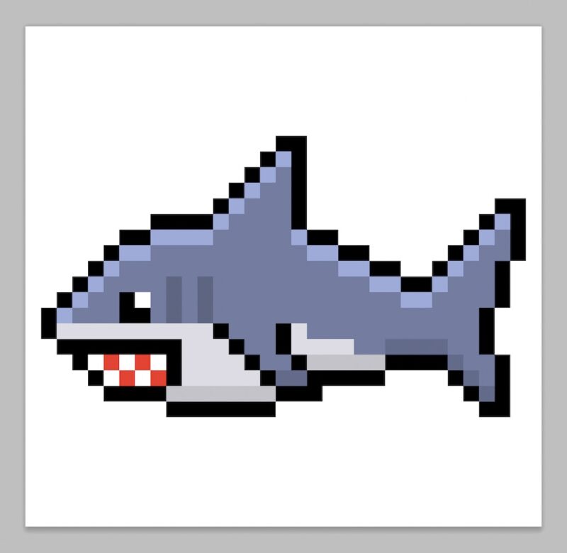 A view of a kawaii pixel art shark on a transparent background