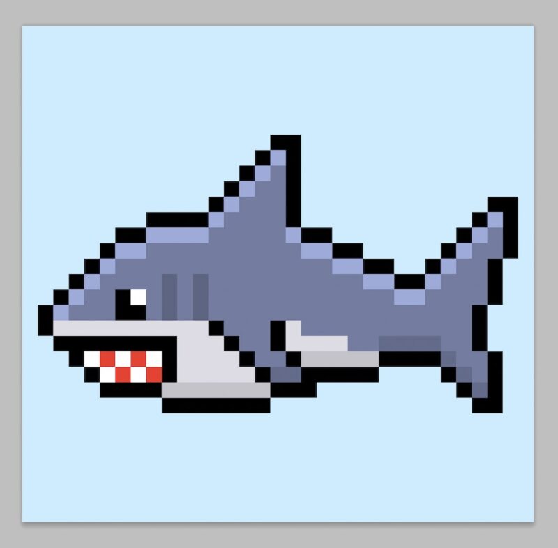 Cute pixel art shark on a light blue background