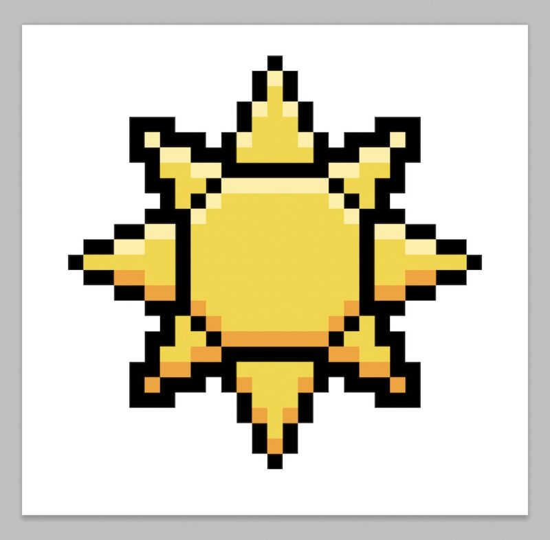 A view of a kawaii pixel art sun on a transparent background