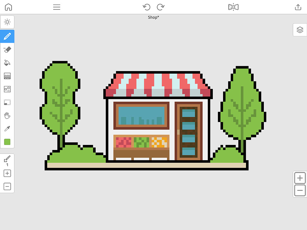 An image preview of a pixel art building inside of the Pixel Art Maker