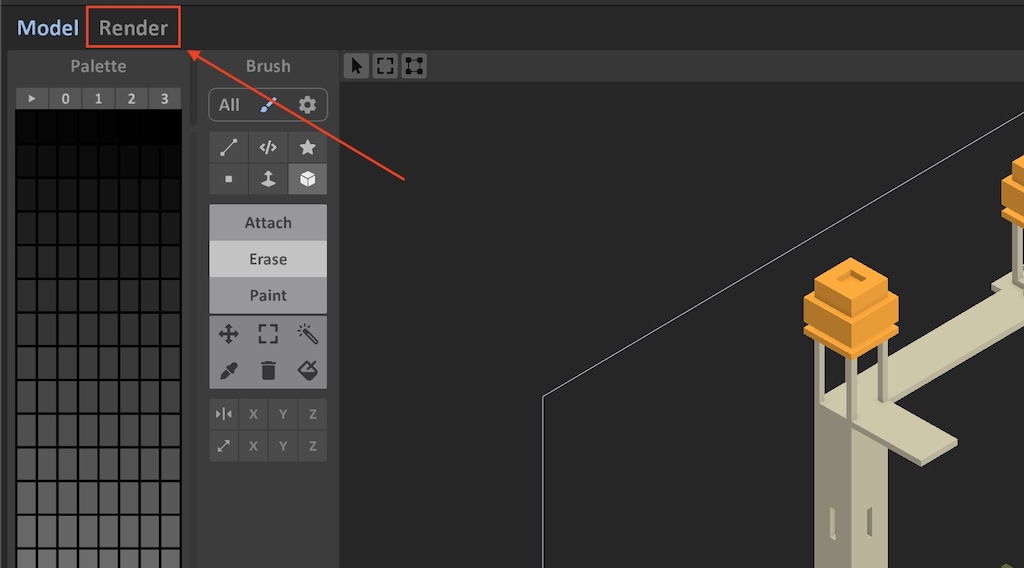 Options for switching between Model view and Render view in MagicaVoxel