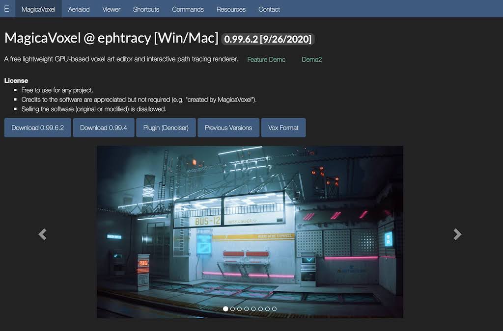Homepage for the MagicaVoxel website where you can download the editor