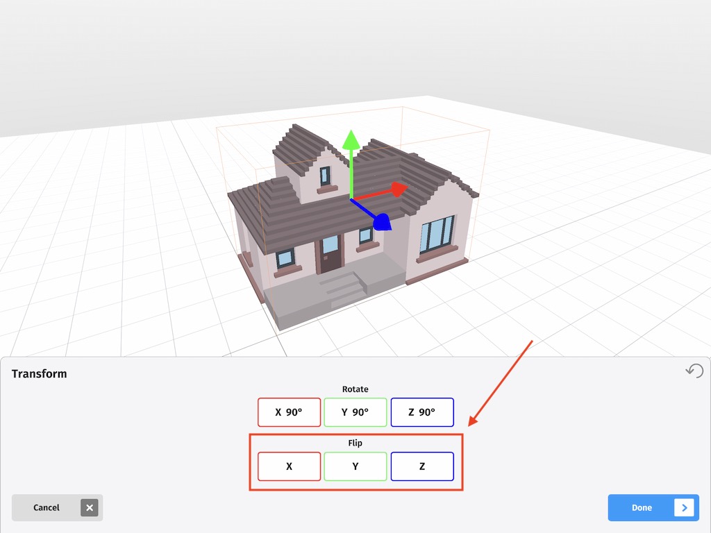 The different options for flipping a voxel model in the transform menu