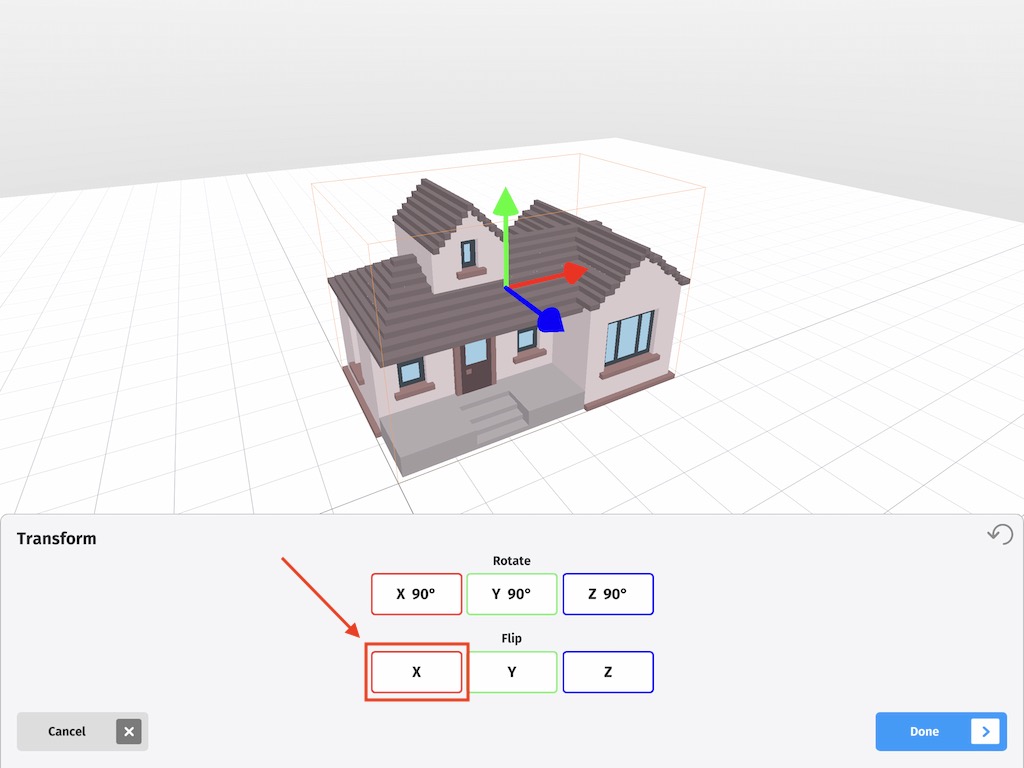 The x button for flipping a voxel model on the X axis