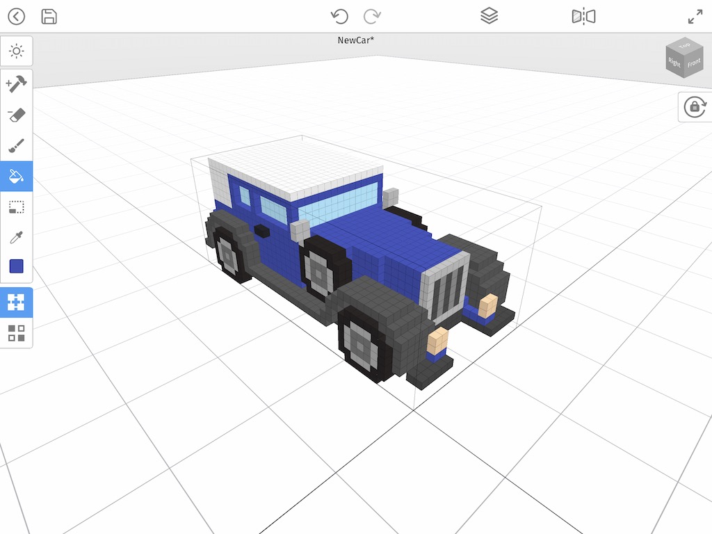 A voxel car that was changed blue using the Paint Bucket tool
