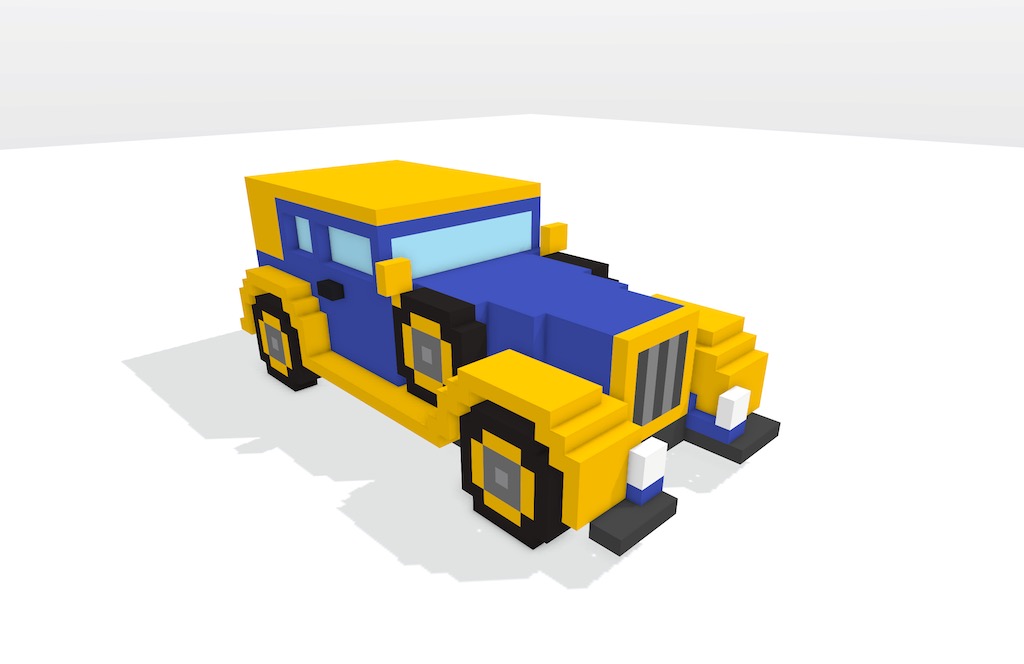 A voxel car model with gold trim and a royal blue body