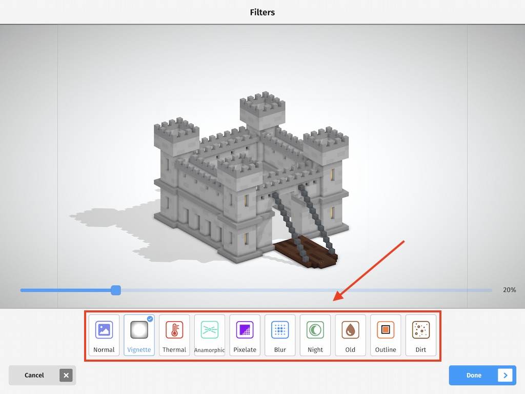 Vignette photo filter applied to a voxel model