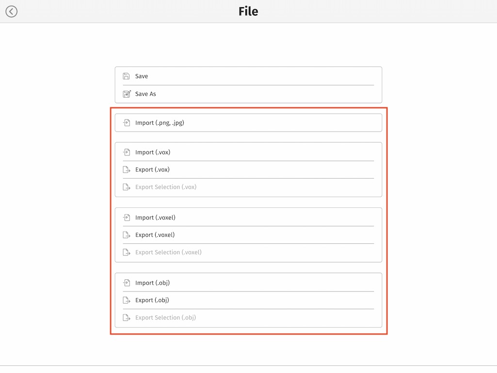 The file menu with various export options for exporting voxel models in Mega Voxels