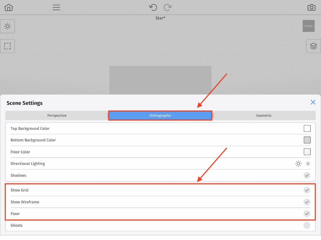 Change the camera view from perspective to orthographic