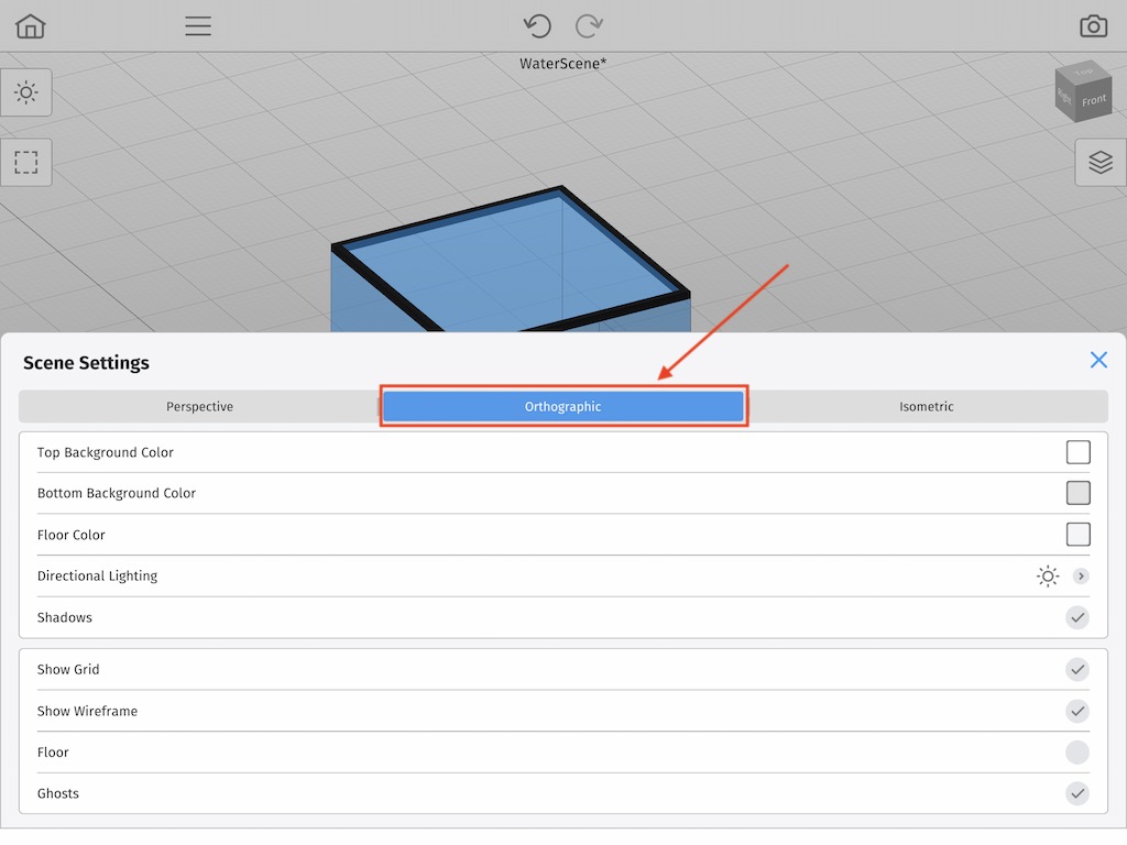 Selecting the orthographic camera option