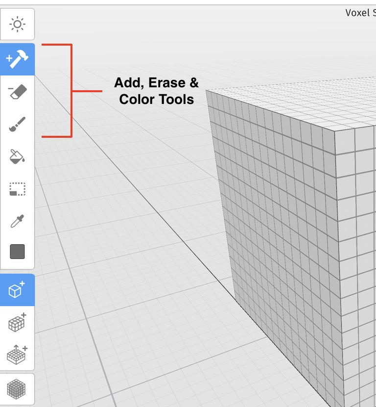The tools inside of Mega Voxels for adding, removing and coloring voxels in a model