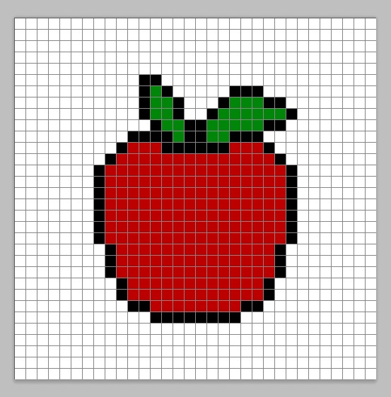 Simple pixel art apple with solid colors