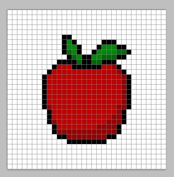 32x32 Pixel art apple with a darker red and green to give depth to the apple