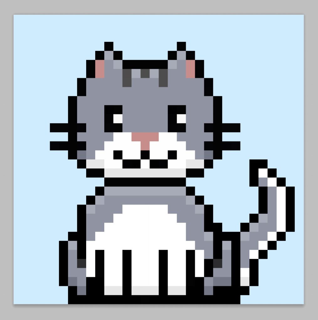 Cute pixel art cat on a light blue background