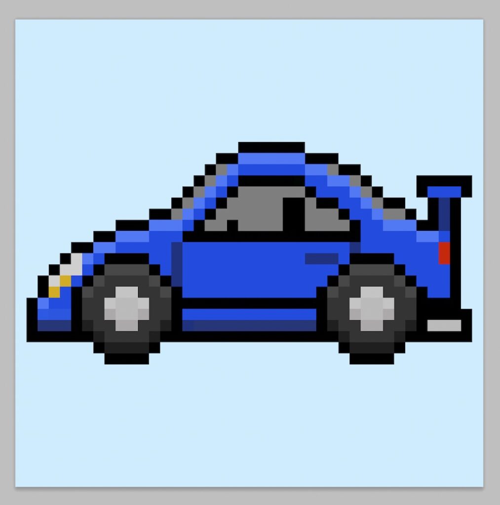 Cute pixel art car on a light blue background