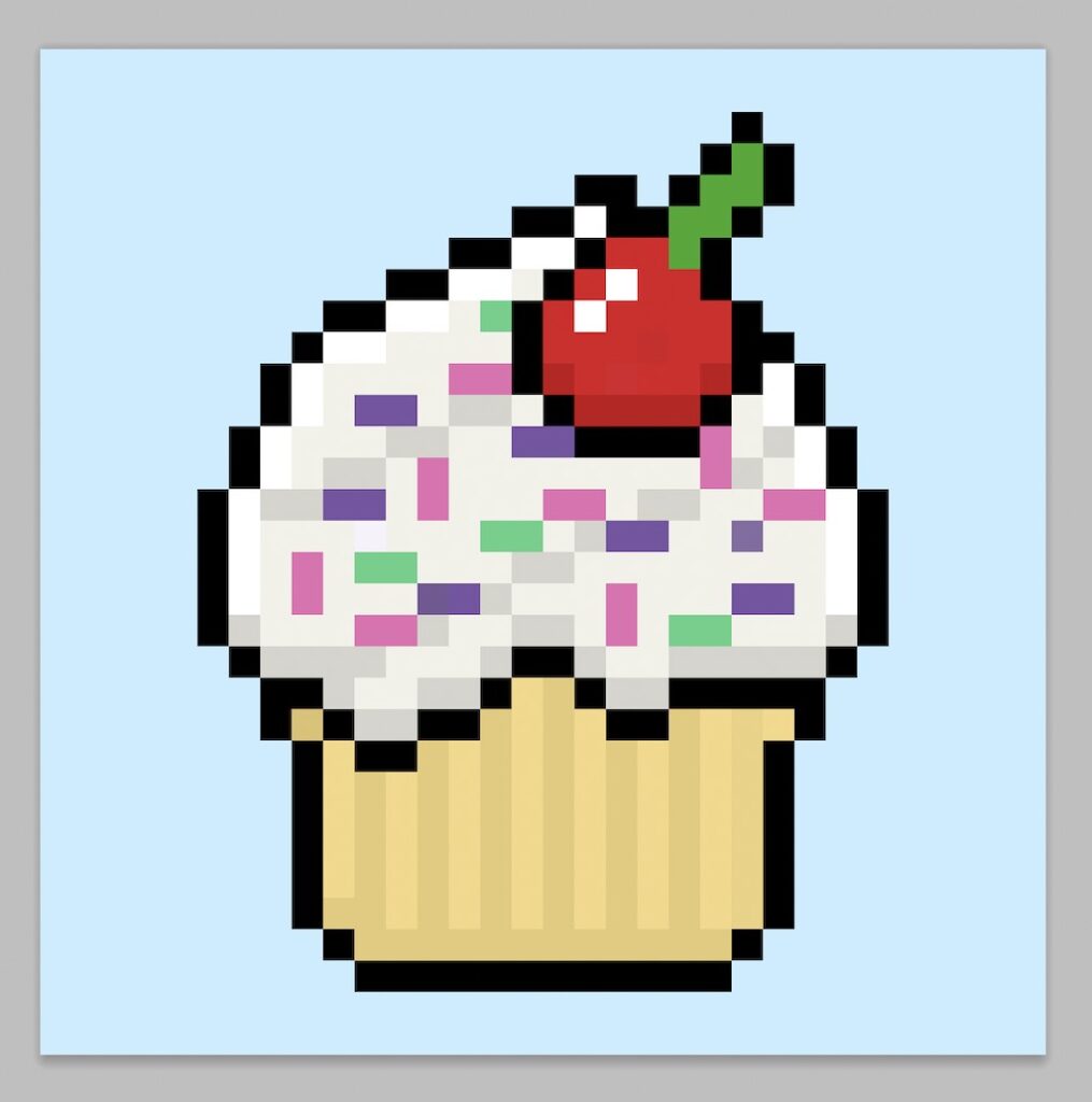 Cute Pixel Art Cupcake on Blue Background