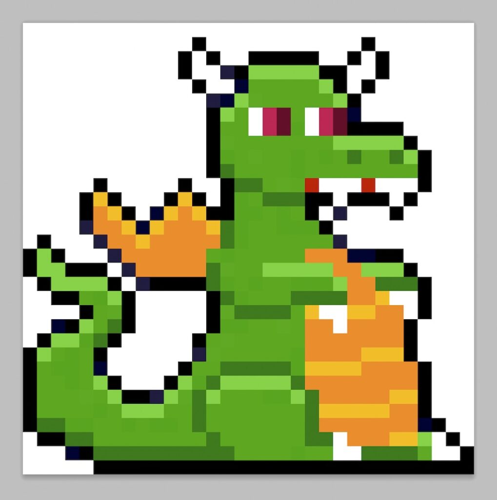Kawaii pixel art dragon on a transparent background