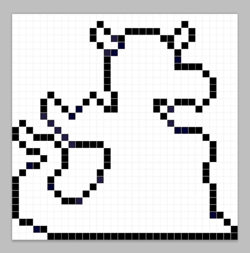 An outline of the pixel art dragon grid similar to a spreadsheet