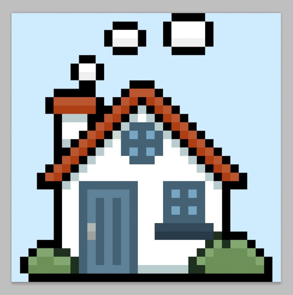 Cute pixel art house on a light blue background