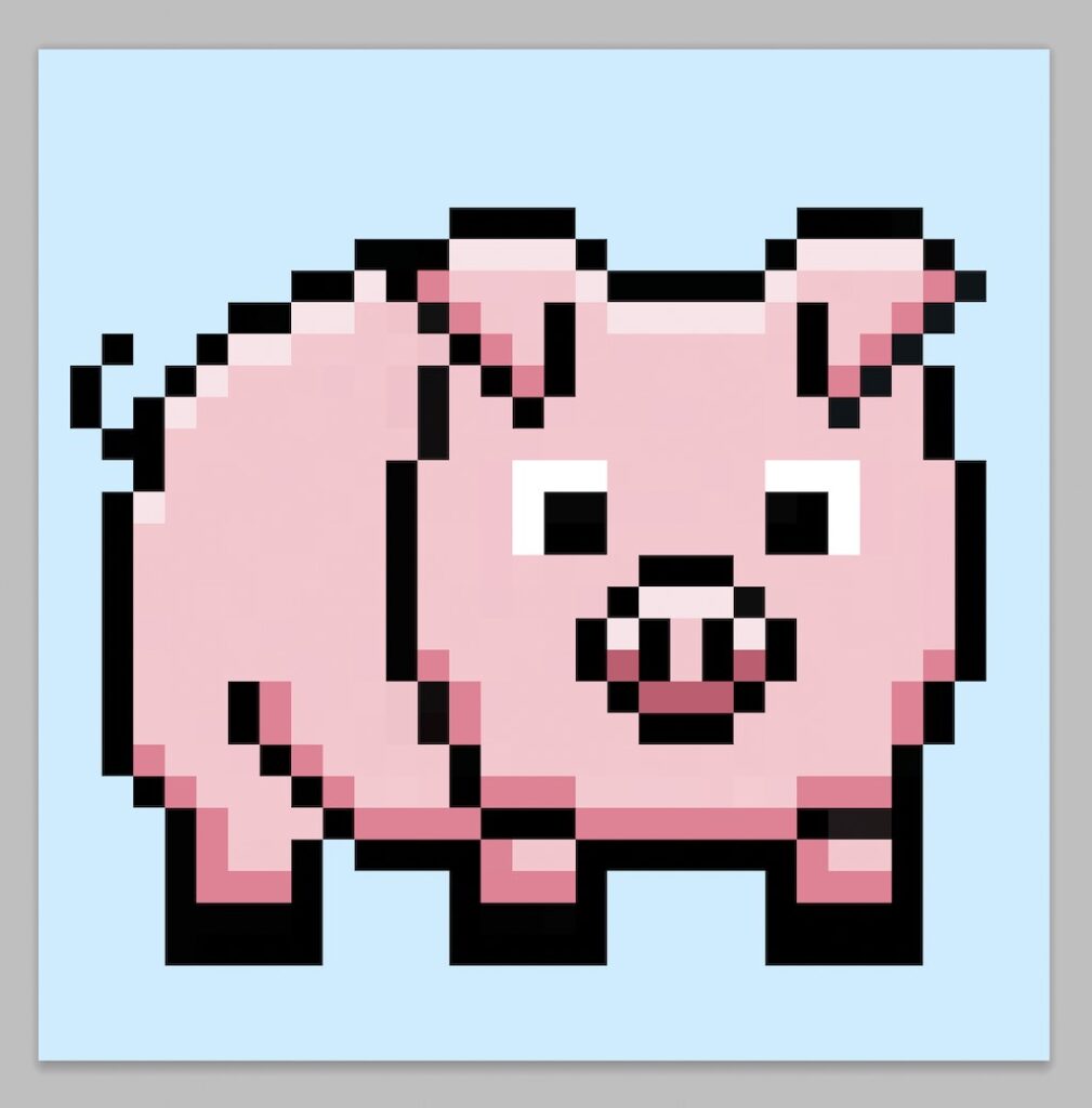 Cute pixel art pig on a light blue background