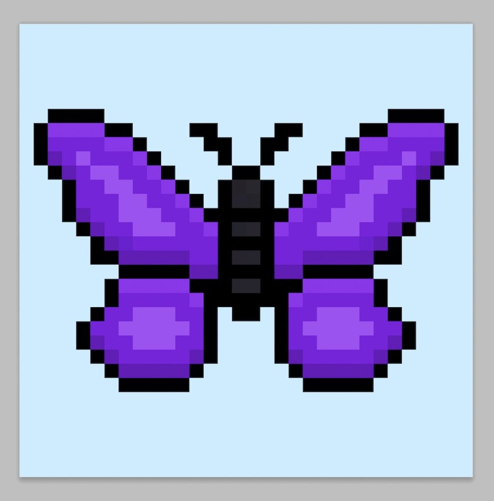 Cute pixel art butterfly on a light blue background