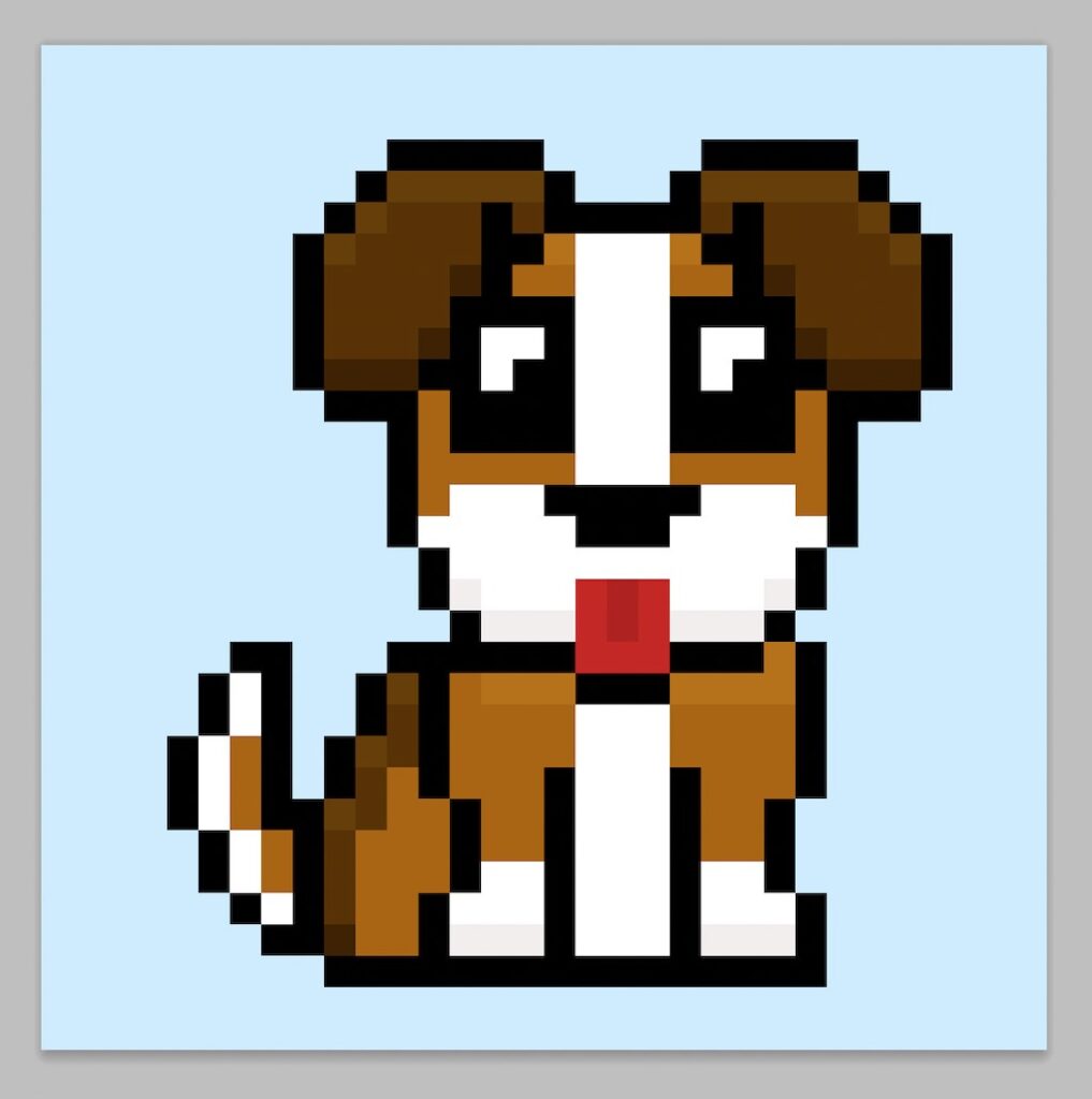 Cute pixel art dog on a light blue background