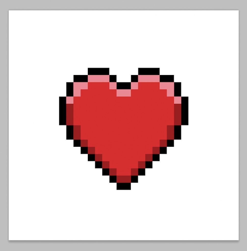 A view of a kawaii pixel art heart on a transparent background