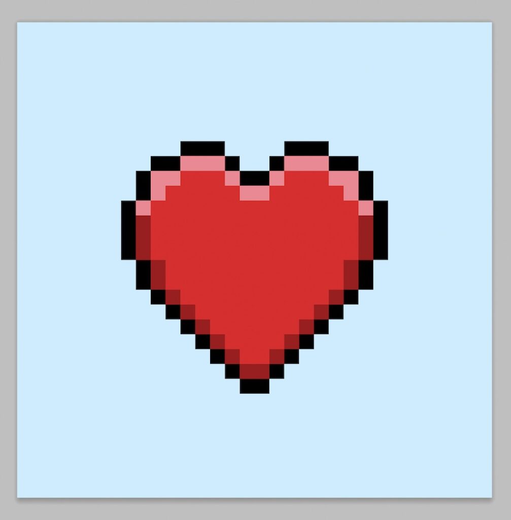 Cute pixel art heart on a light blue background