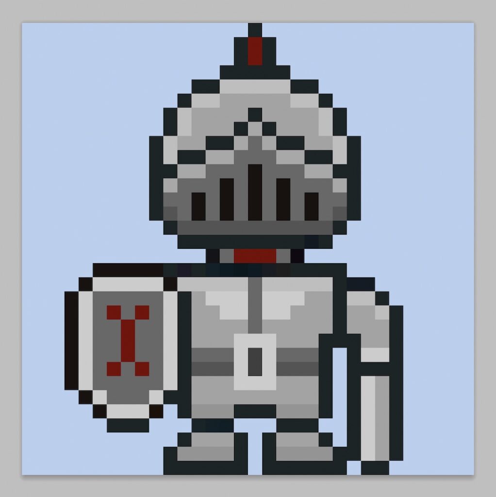 Cute pixel art knight on a light blue background