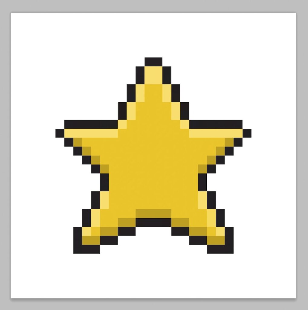 A view of a kawaii pixel art star on a transparent background