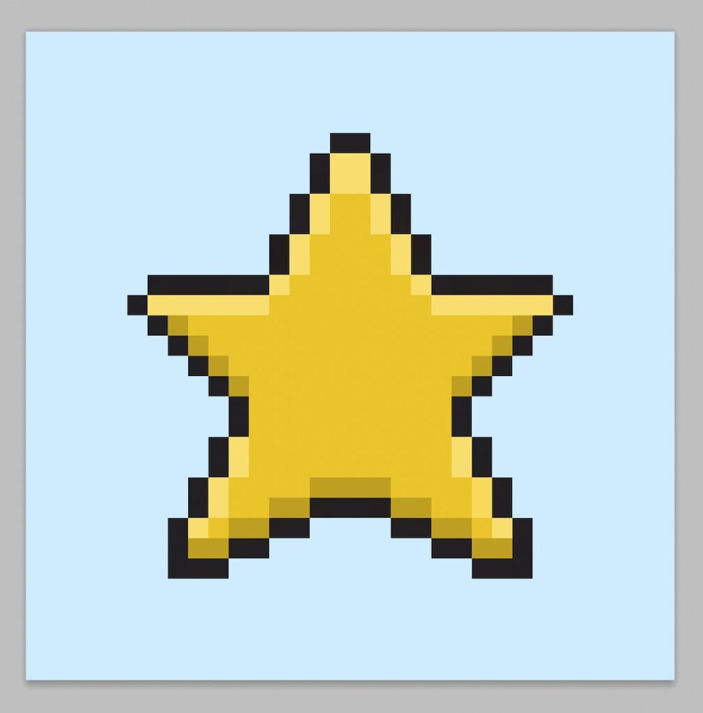 A pixel art star on a light blue background