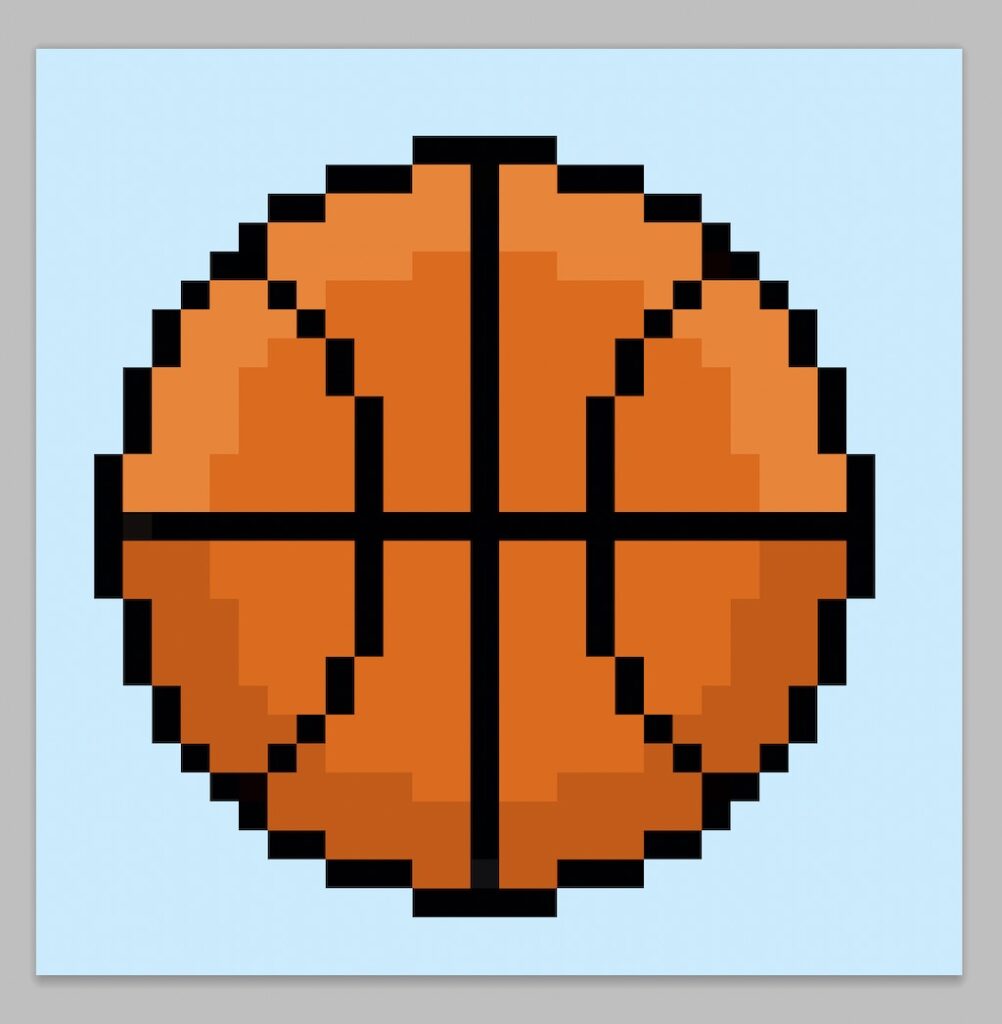 Cute pixel art basketball on a light blue background