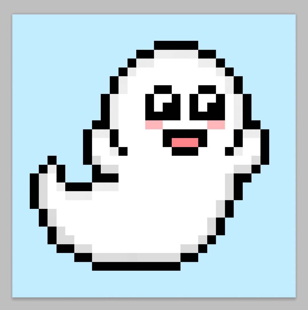 Cute pixel art ghost on a light blue background