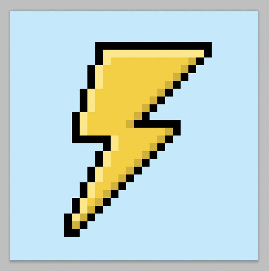 Cute pixel art lightning bolt on a light blue background
