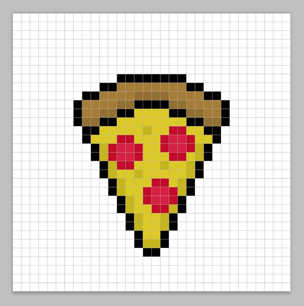 32x32 Pixel art pizza with a darker yellow and brown to give depth to the pizza