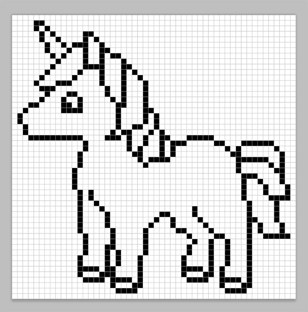 An outline of the pixel art unicorn grid similar to a spreadsheet