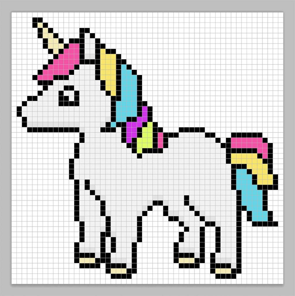 Pixel art unicorn with a darker white add depth to the pixel unicorn