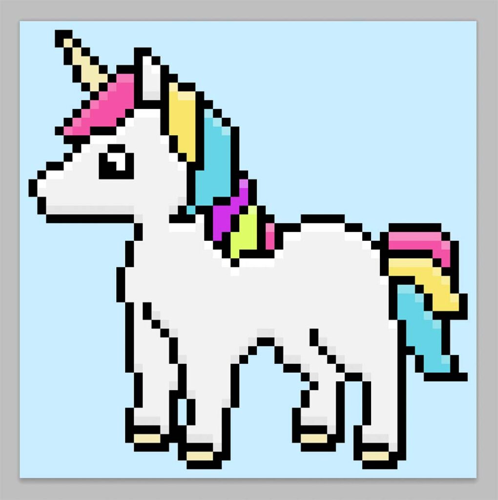Cute pixel art unicorn on a light blue background
