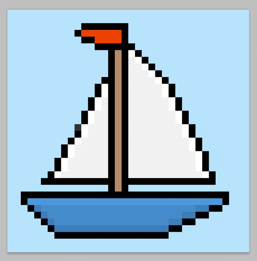 Cute pixel art boat on a light blue background