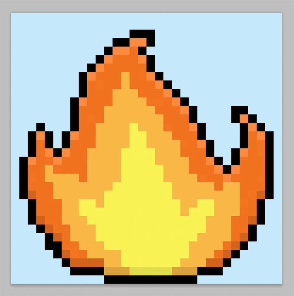 Cute pixel art fire on a light blue background