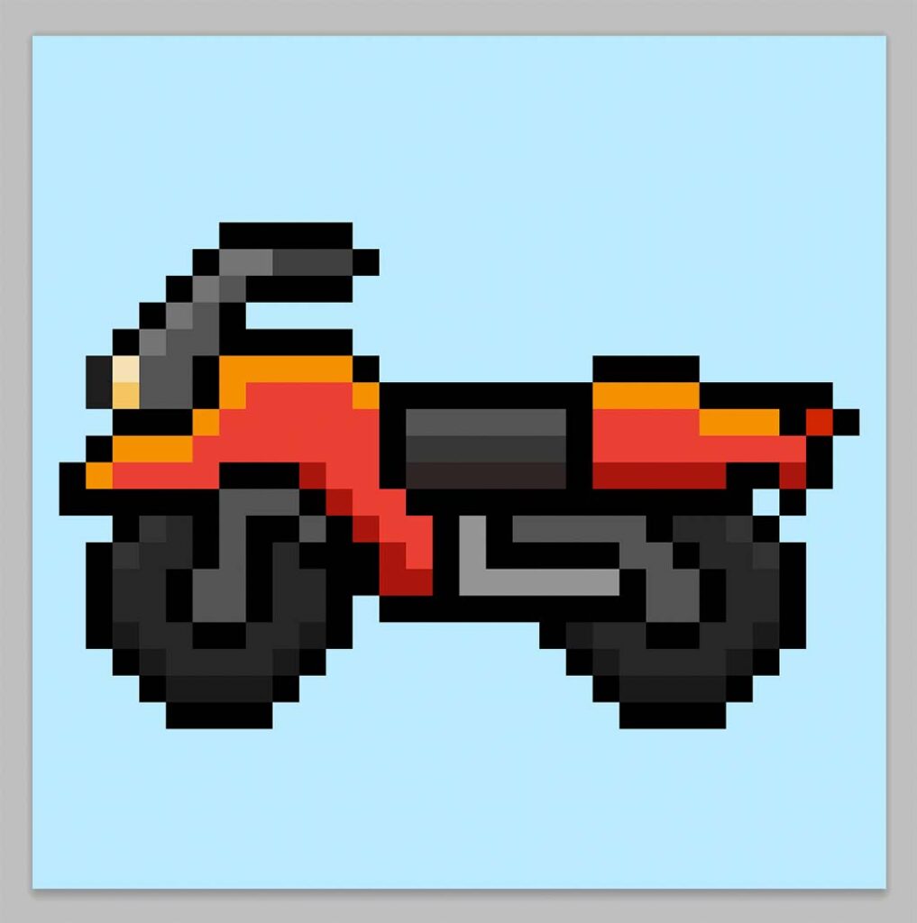 Cute Pixel Art Motorcycle on Blue Background
