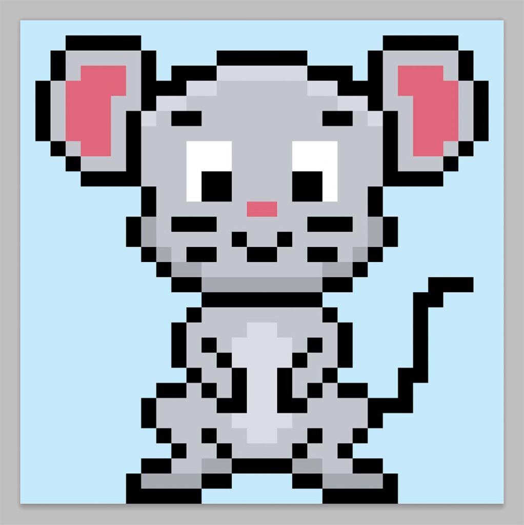 Cute Pixel Art Mouse on Blue Background