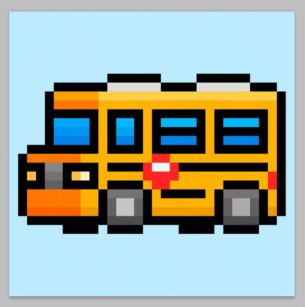 Cute Pixel Art Bus on Blue Background