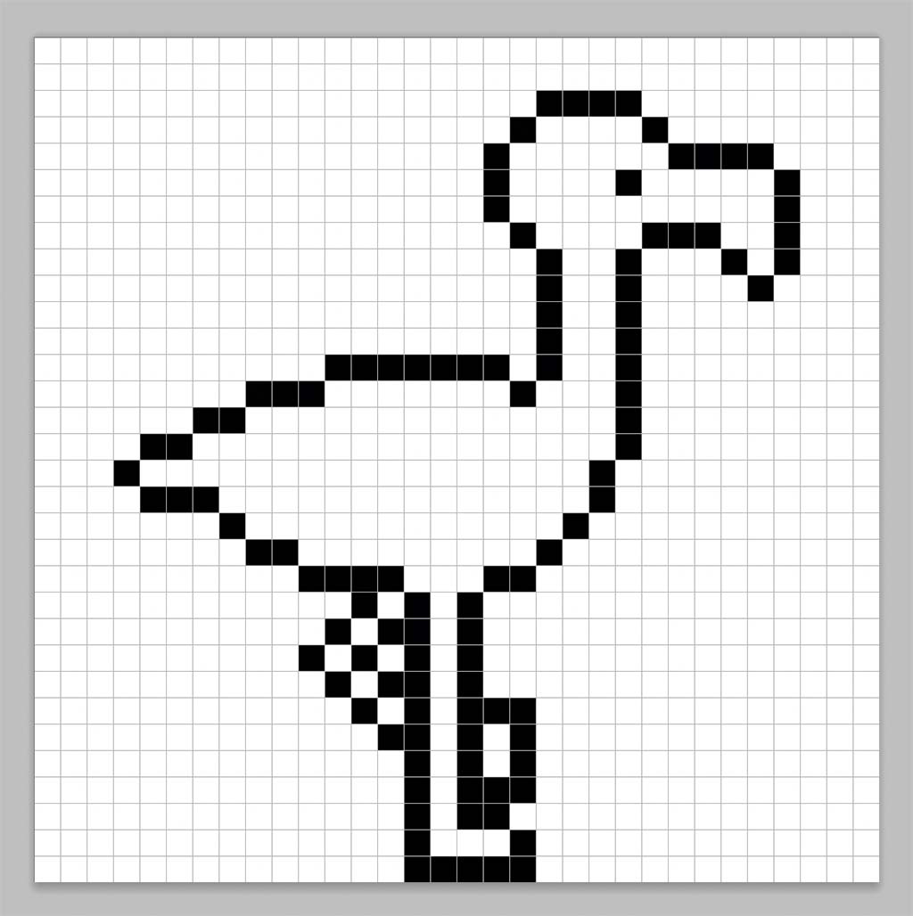 An outline of the pixel art flamingo grid similar to a spreadsheet