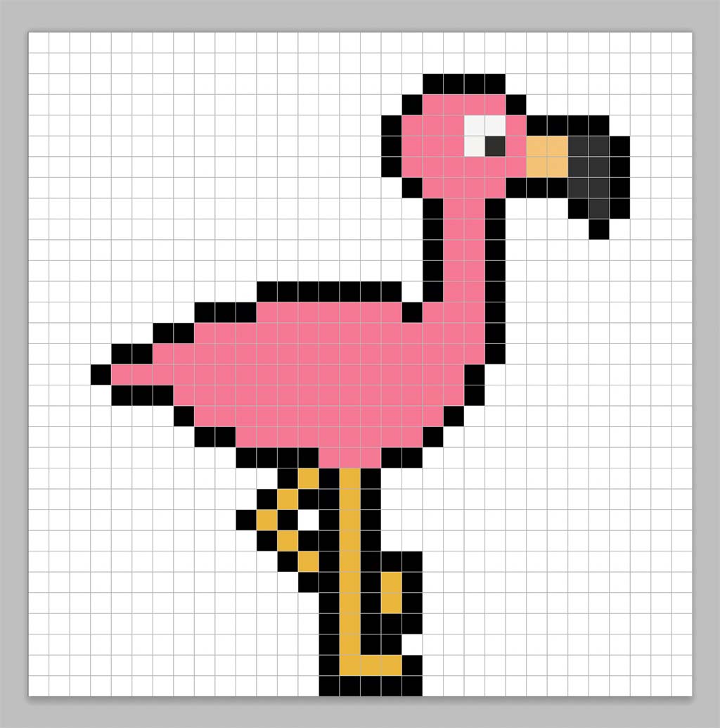 Simple pixel art flamingo with solid colors
