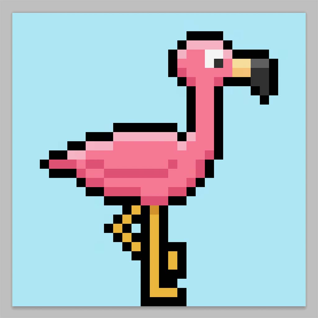 Cute Pixel Art Flamingo on a Blue Background